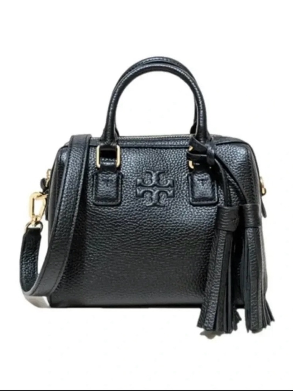 Tory Burch Thea Mini Web Satchel Black Pebbled Leather with Tassel